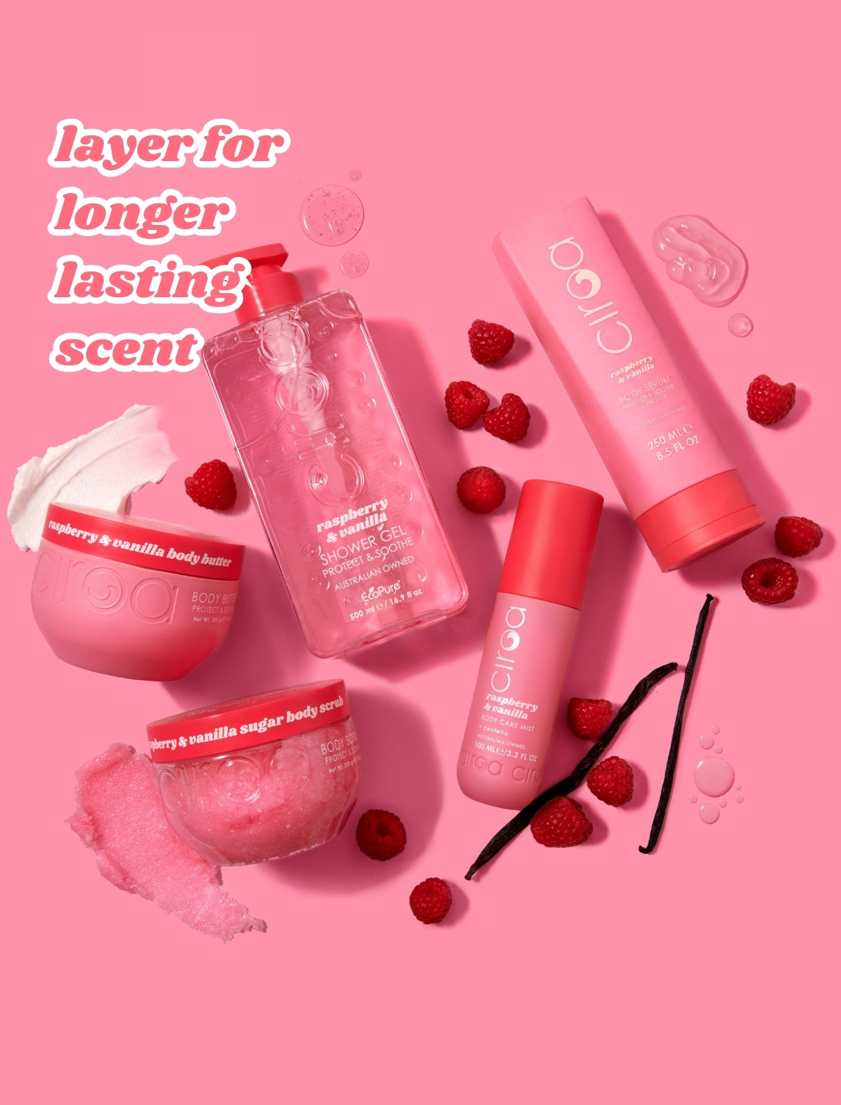 Raspberry & Vanilla Shower Gel, Body Scrub, Body Butter, Bodycare Mist & Body Serum