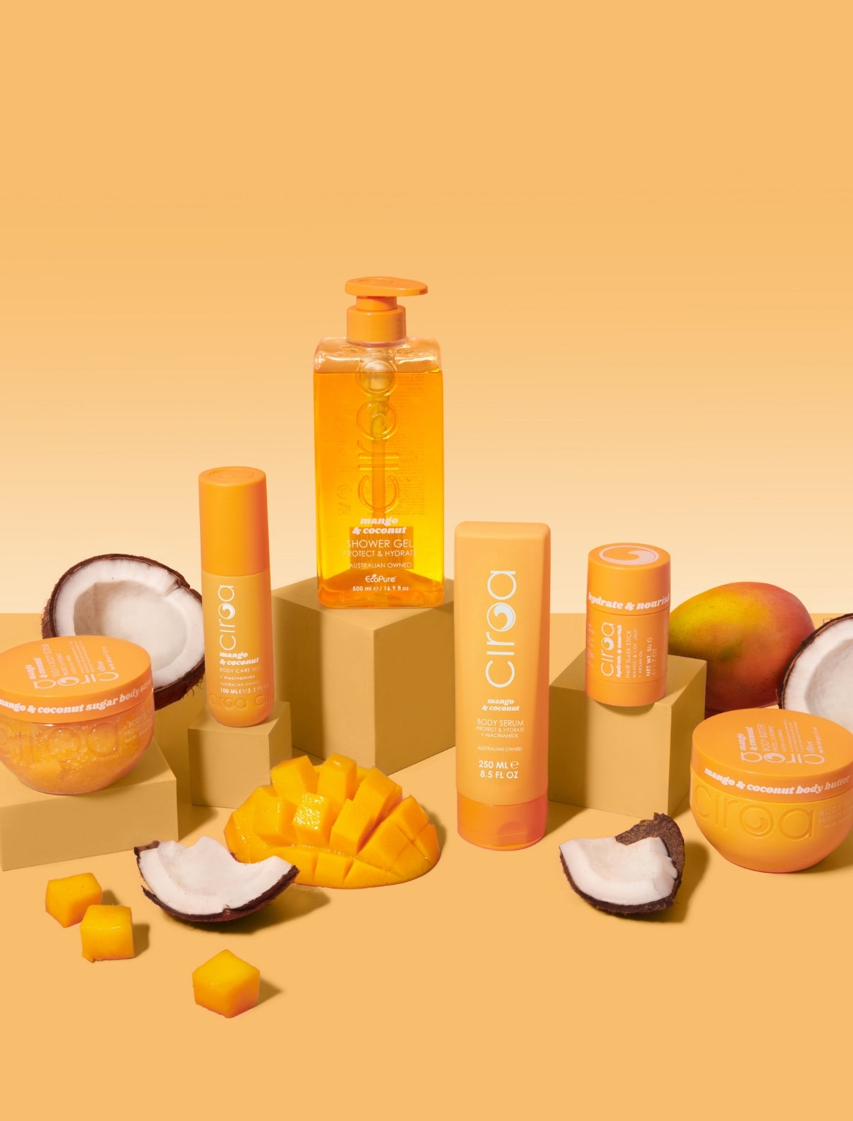 Mango & Coconut Shower Gel, Body Scrub, Body Butter, Bodycare Mist, Body Serum & Sleek Stick