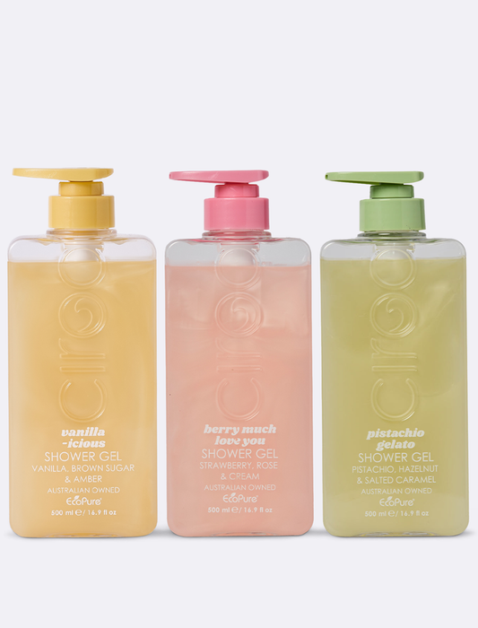 Vanillaicious, Berry Much Love You, Pistachio Gelato Shimmer Shower Gels