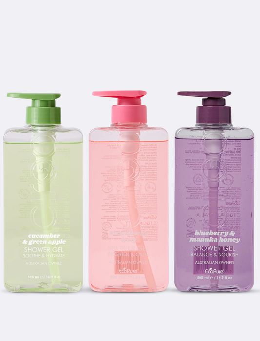 Cucumber & Green Apple, Strawberry & Fig, Blueberry & Manuka Honey Shower Gels